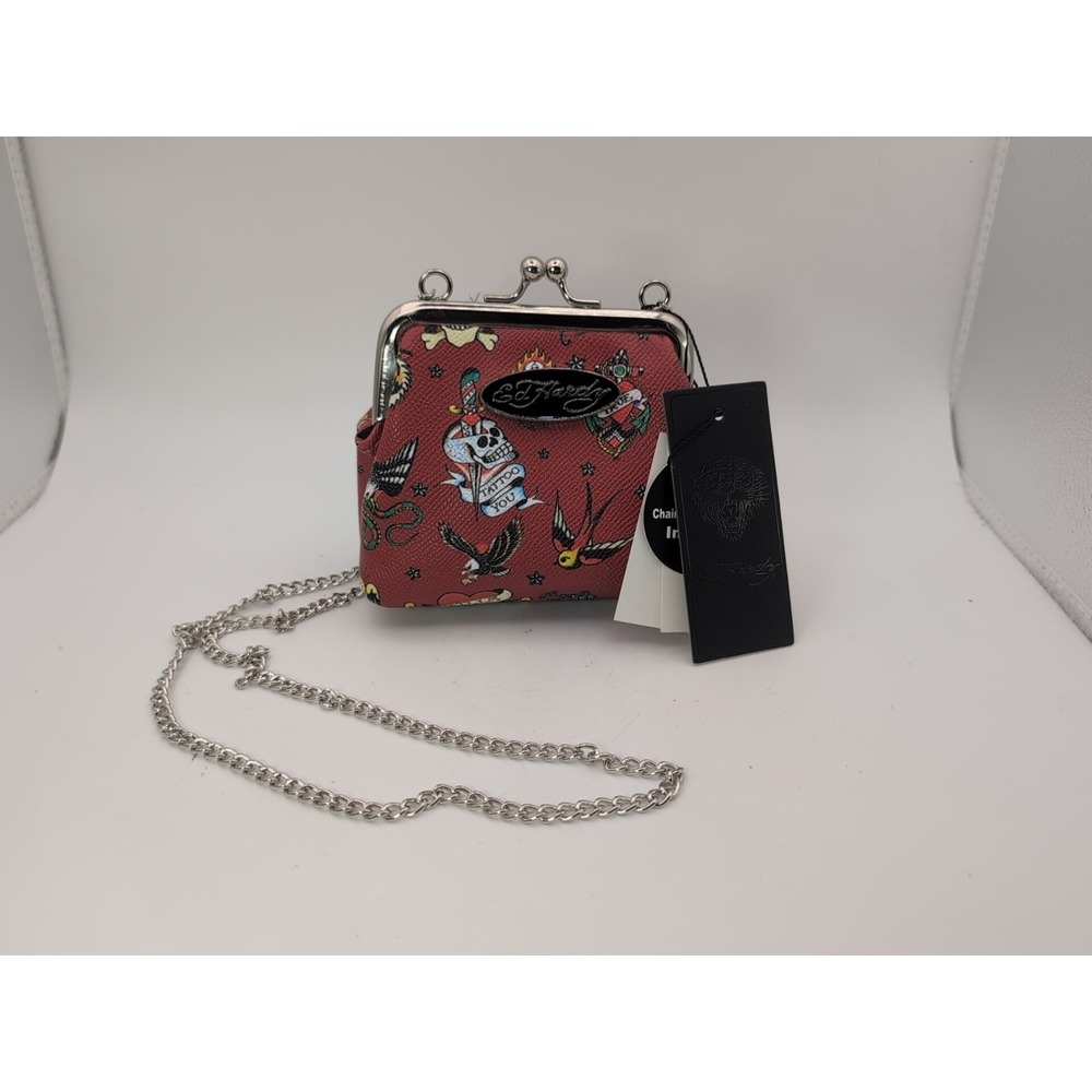 NWT Ed Hardy Kiss Lock Coin Purse - Skulls Bird Heart Tattoo Red Background